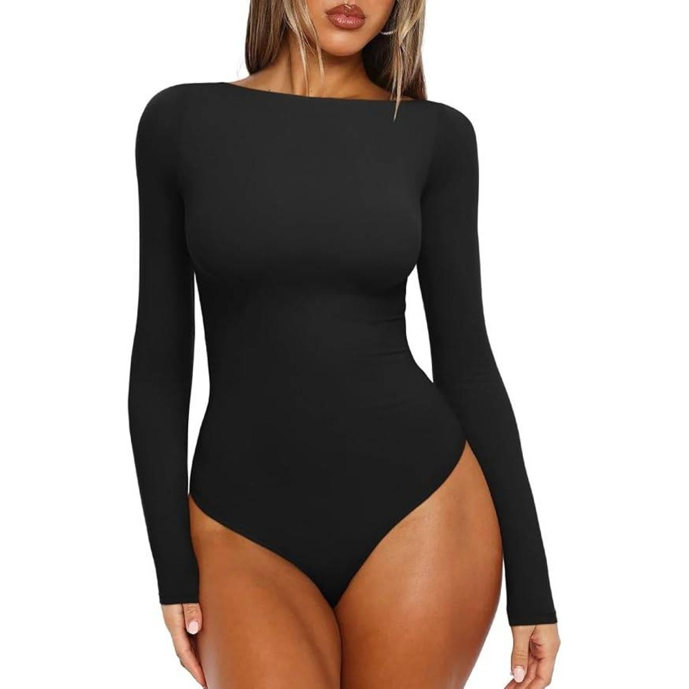 MSRP $26 REORIA Women's XL Boat Neck Long Sleeve Bodysuit Basic Going Out Body